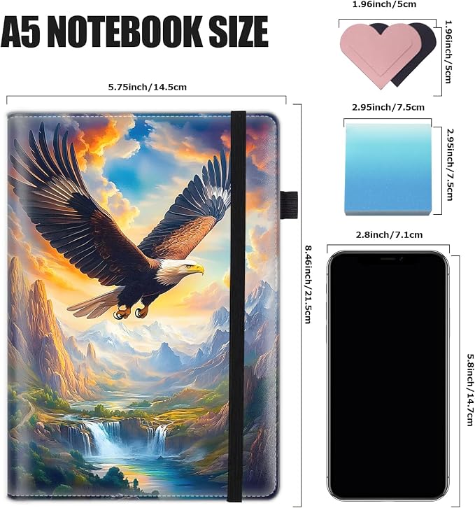 Hardcover Executive Notebooks, A5 PU Leather Lined Journal Notebook, 200 Pages Thick Paper Subject Notebooks for School,Work,Home Writing Business Notebook, Diary Book, Bald Eagle