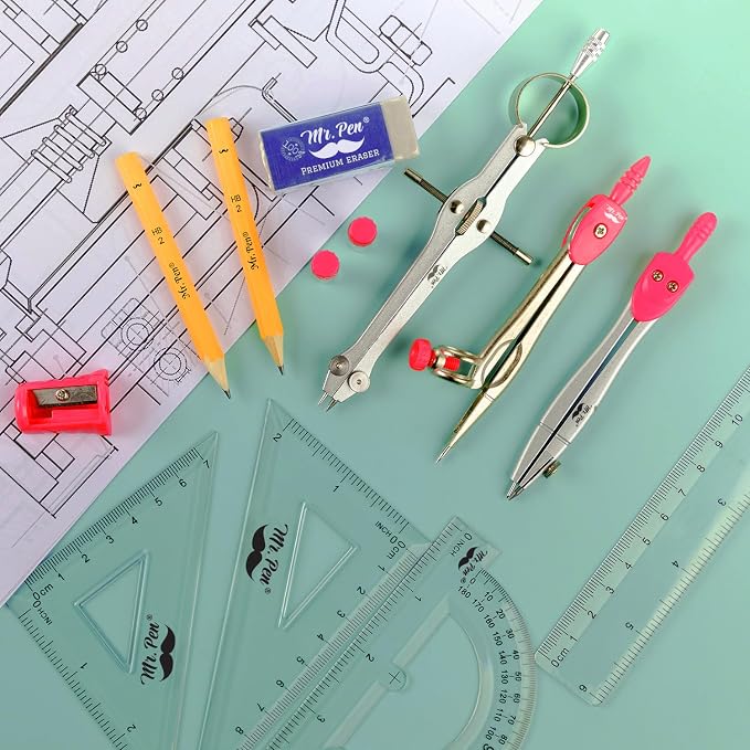 Mr. Pen- Geometry Set, 13 pcs, 3 Metal Compasses, Protractor, 6" Ruler | 45° & 30°/60° Set Squares, Pencils, Lead Refills, Sharpener & Eraser for Math, Drafting & Classroom Use