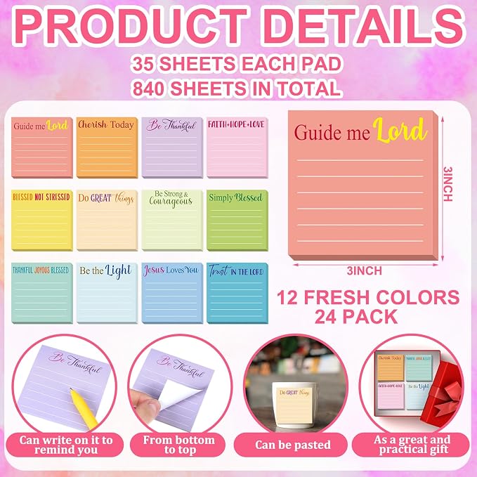 Yinder 24 Pcs Sticky Notes Gifts Bulk,Bible,Light Color