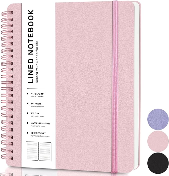 ABERLLS Lined Spiral Journal Notebook with 160 Pages, 8.5×11in, A4 Spiral Notebook, Journaling Notebooks for Work, School, Women, Men, College Ruled Spiral Notebook, Hardcover Leather Journals, Pink