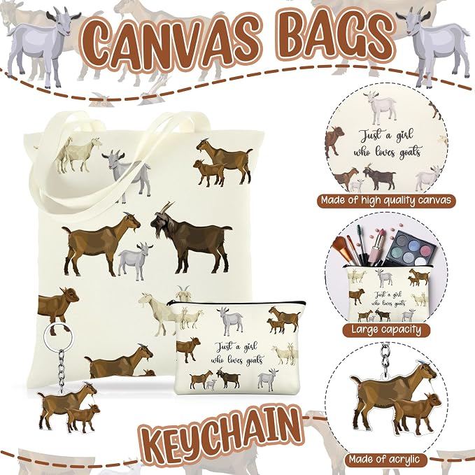Kinlop 5 Pcs Goats Lover Gifts for Women Include Just a Girl Who Loves Goats Tote Bag Canvas Cosmetic Bag Coil Notebook Keychain and Ballpoint Pen for Women Girls