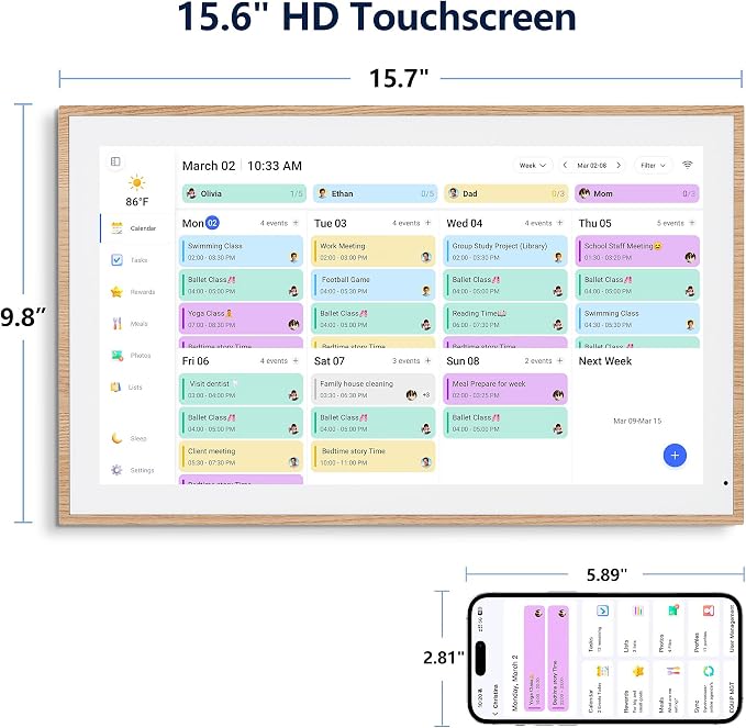 Digital Calendar, 15.6 Inch Wall Planner Electronic Calendar & Chore Chart, Smart Touchscreen Interactive Display for Family Schedules, Great for Organizing Your Routines, Wall & Desk Mountable