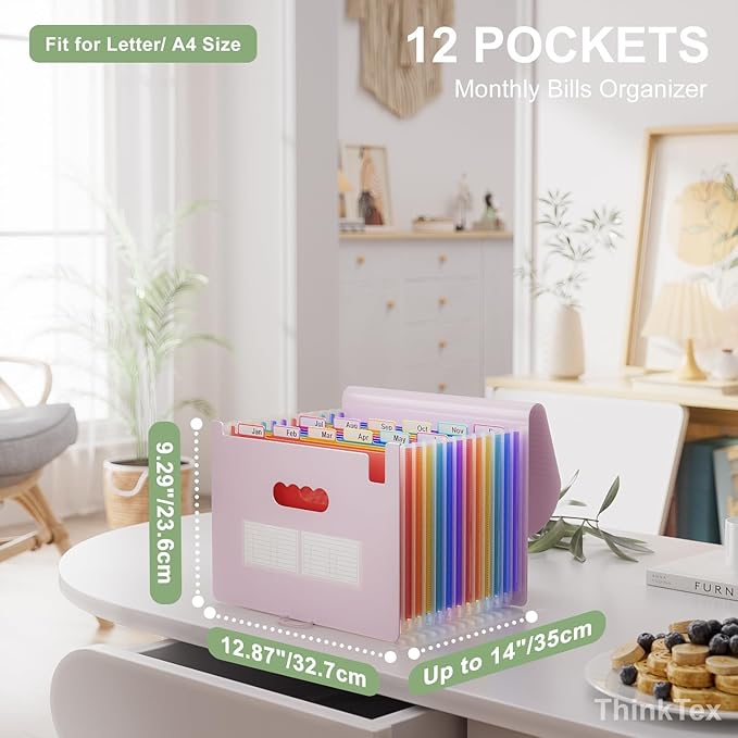 ThinkTex Accordion File Organizer, 12 - Pocket Expanding File Folders | for Receipts, Bills & Taxes Organizer, Letter/A4 Size Document Holder for School, Office, Home with tabs-Pinkish Purple