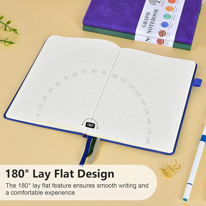 PERCUN A5 Graph Paper Notebook, Leather Journal, 160 Pages Grid Notebook | 5.9"x8.5" hardcover journal with quad ruled paper for work, school, writing, notes, journaling and daily planning.