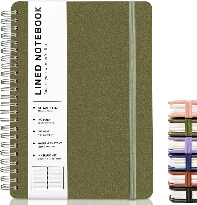 ABERLLS Lined Spiral Journal Notebook with 160 Pages, 8×5.7in, A5 Spiral Notebook, Journaling Notebooks for Work, School, Women, Men, College Ruled Spiral Notebook, Hardcover Leather Journals, Green