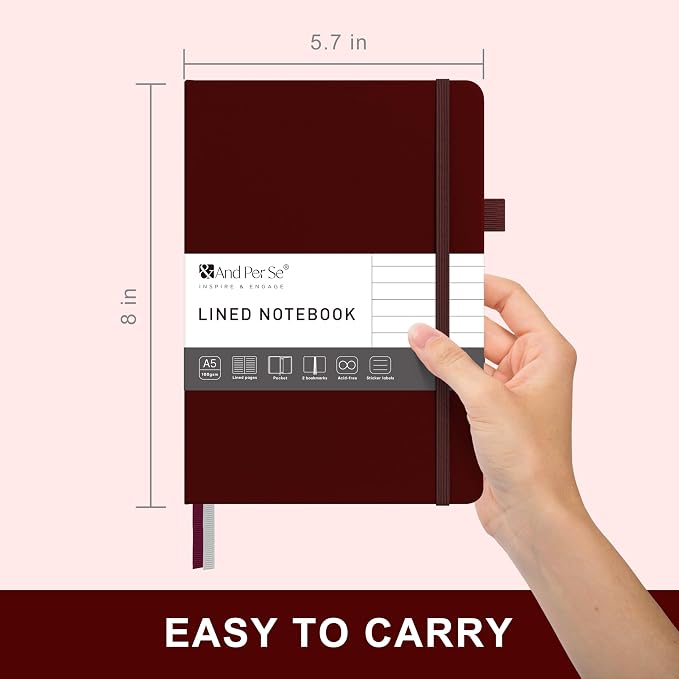&And Per Se Lined Journal Notebook – A5 5.7”x8” College Ruled, 160 Pages, 100gsm Thick Paper, Journaling Notebooks for Writing (Dark Red)