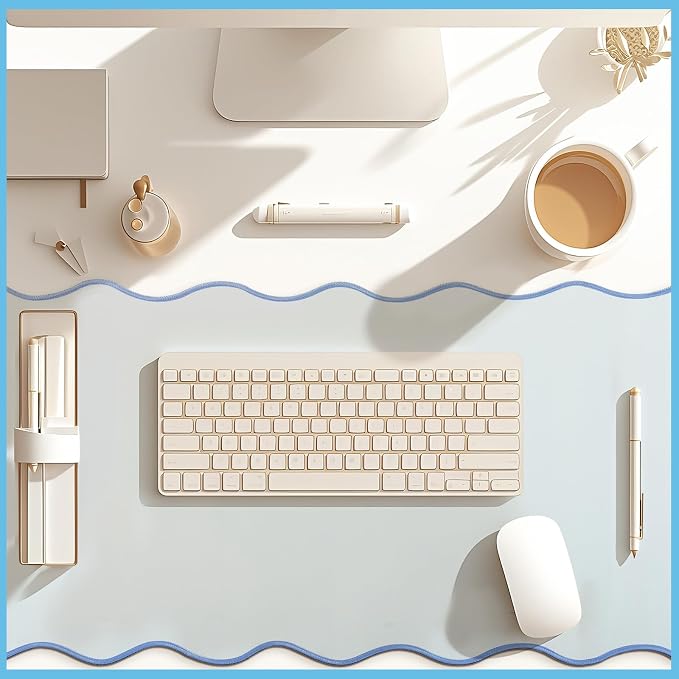 Hahafelt Scalloped Desk Mat Large Desk Pad Cute Coquette Table Mat Back to School Preppy Table Make up Pad Nonslip Graduation Gift with Stitching Waterproof Gaming(Blue,36 x 17 Inches)