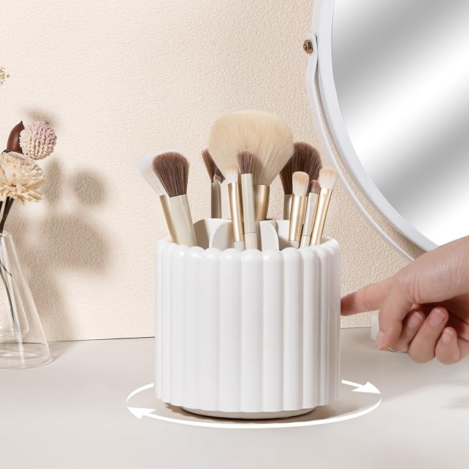 Rotating Makeup Brush Holder Organizer with Removable Dividers, White | 7 Slots Make Up Brush Organizer with Drawer 360 Spinning Cosmetic Storage Pen Holder for Desk, Vanity, Dresser