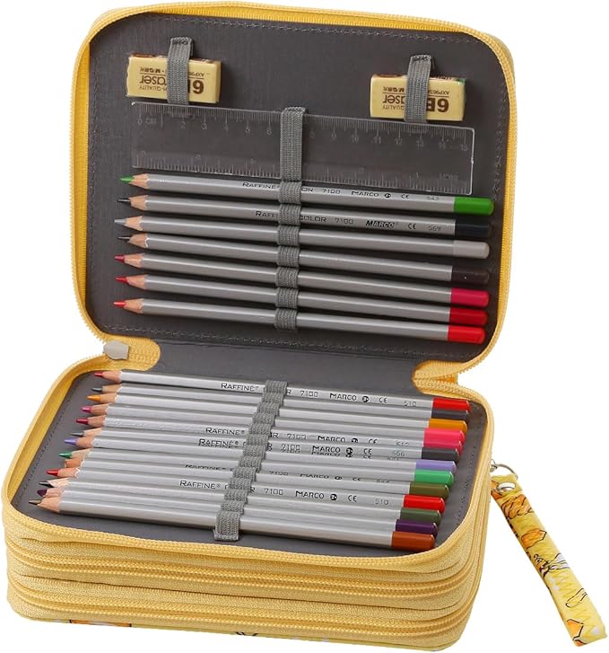 Portable Colored Printing Pattern Pencil Case Holds 72 pcs Pencils Bag Organizer with Handy Wrap Portable- Multilayer Holder for Watercolor Pens or Markers, Pencil Case Organizer for Artist
