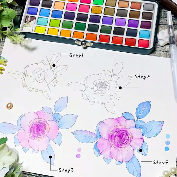 Artecho Watercolor Paint Set 50 Colors, Travel Watercolor Set with Watercolor Papers and Brushes, Ideal for Amateur Hobbyists, Painting Lovers and Artists
