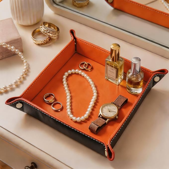 Valet Tray Desktop Storage Organizer – Vegan Leather Catchall Bedside Vanity Tray Nightstand Caddy Holder for Remote Controller, Watch, Keys, Phone, Wallet, Coin, Jewelry (Orange/Black)