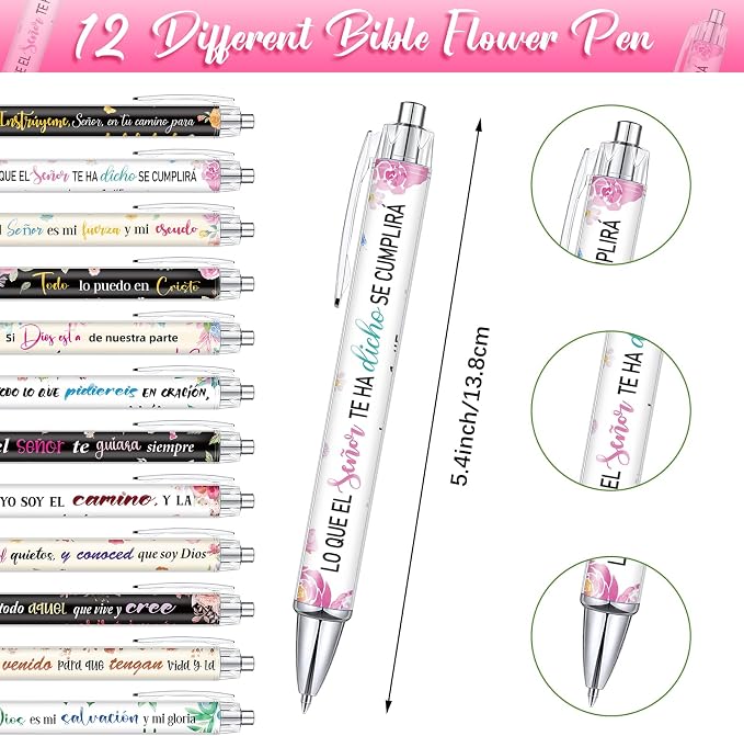 Colarr 12 Sets Christian Bulk Gifts for Women Bible Verse Pens Notebooks Religious VBS Scripture Ballpoint Pens Bookmarks Journal for Easter Sunday School Church Inspirational Supply(Spanish Flowers)