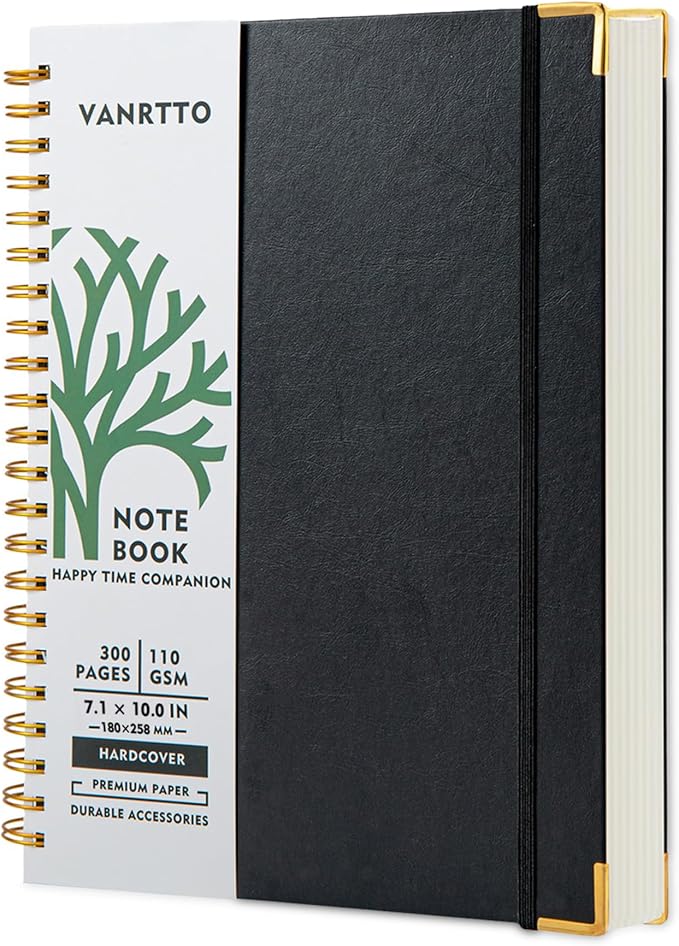 VANRTTO B5 Hardcover Spiral Notebook College Ruled Notebooks for Work Black | Hardcover B5 Spiral Notebook, 110 GSM College Ruled Notebooks with 300 Lined Pages, 7.1x10 IN Notebooks for Work and School