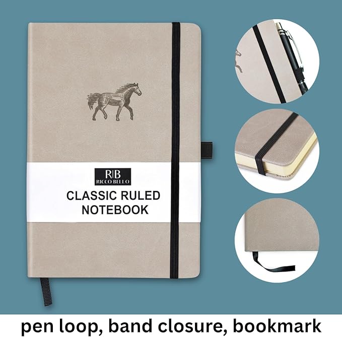 RICCO BELLO Lined Journal Notebook, Horse, Faux Leather Hardcover | With Pen Holder, College Ruled, 96 Sheets / 192 Pages, 5.7 x 8.4 Inches