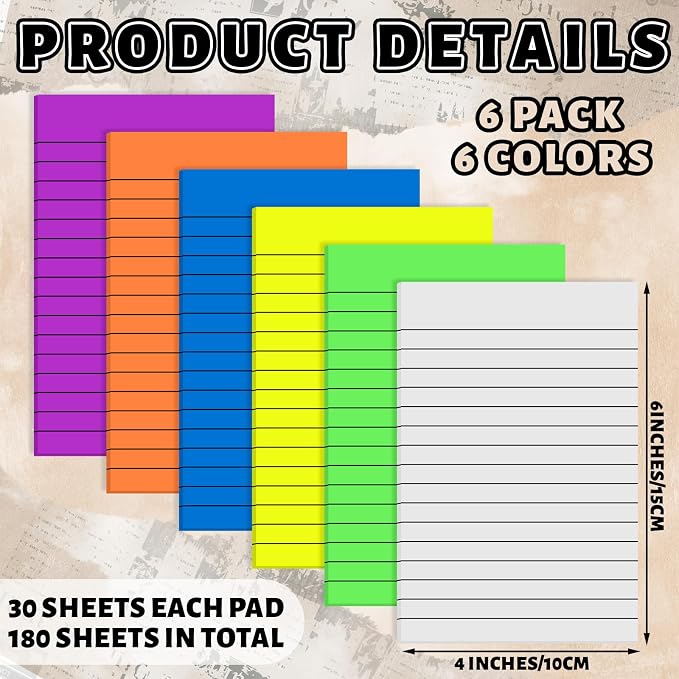Yinder 6 Pack Colored Transparent Sticky Notes Translucent Clear Lined Self Sticky Notes, Back to School Gift Bible Tab for Planners, School Supplies Office, 30 Sheets/Pack, 4 x 6'' (Bright Color)