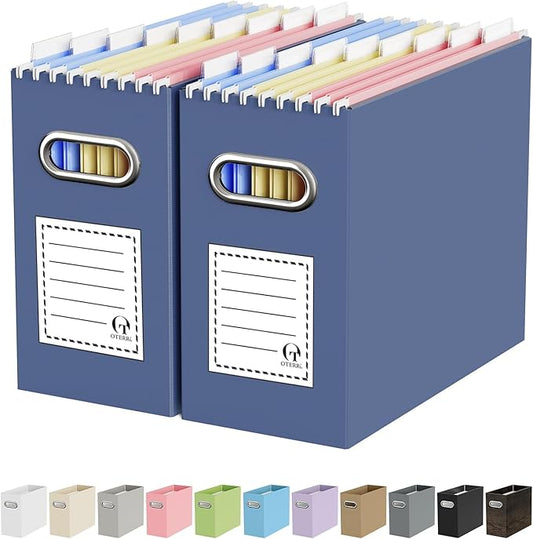 Oterri File Organizer Box, Portable Collapsible Cardboard File Folder Organizer with Handle for Letter Size Hanging Files, Document Storage Box for Home Office & Classroom (2 Packs, Navy)