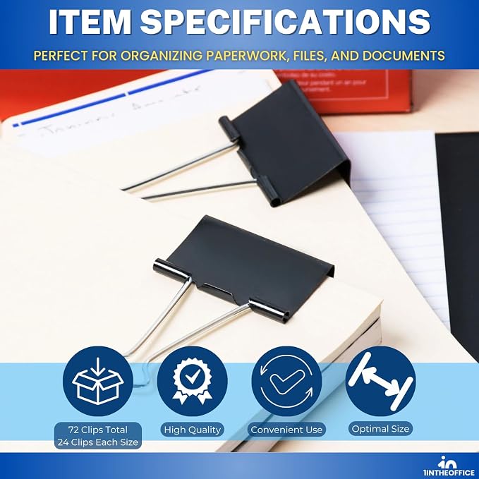 1InTheOffice Binder Clips Assorted Sizes, Paper Clamps, Small 0.75", Medium 1.25", Large 2", Metal, 24 Clips/Size, Black, 72 Pack