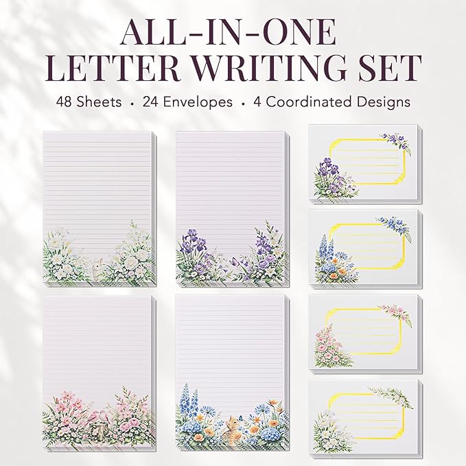 Elegant Floral Stationary Set Letter and Envelopes with 4 Unique Designs, Lined Letter Writing Stationery Paper and Envelopes Set, Letter Writing Kit, Cute Stationery Set for Women