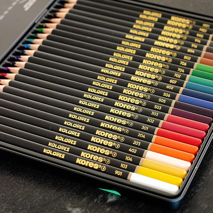 Kores - Kolores Selection: 24 Coloured Pencils for Adults & Artists, FSC wood with Soft Lead, Triangular Shape, Premium Arts and Hobby Supplies, Set of 24 Assorted Colours in metal case