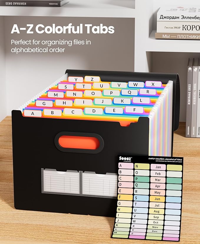 Sooez 26-Pocket Accordion File Organizer, Upgraded Expanding File Folder with A-Z Tabs, Premium Bill Tax Receipt Document Organizer Storage for Letter/A4 Size Paper, School Office & Home, Clear
