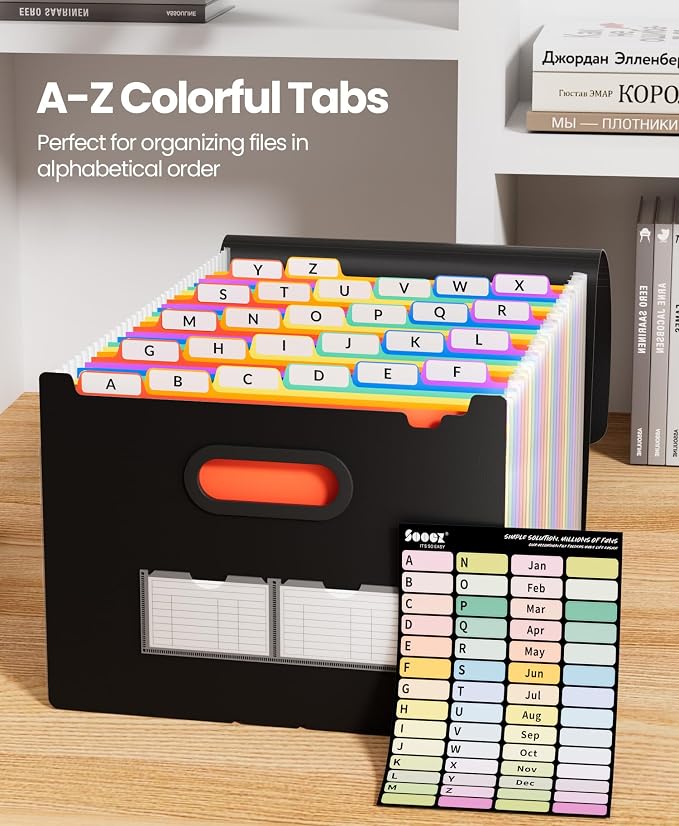 Sooez 26-Pocket Accordion File Organizer, Upgraded Expanding File Folder with A-Z Tabs, Premium Bill Tax Receipt Document Organizer Storage for Letter/A4 Size Paper, School Office & Home, Black