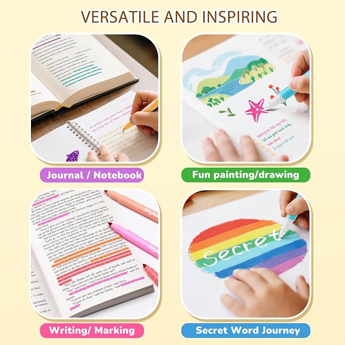 JoyCat 12-Color Erasable Markers for Kids, Dual Tip Magic Pens for Paper | Erasable highlighters use white tips to correct details and reveal notes, ideal for school projects, journaling and crafts.