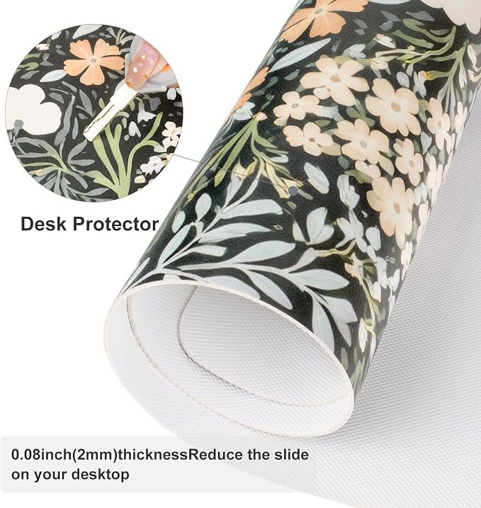 Colorful Star Green Floral Leather Desk Mat, Non-Slip Mouse Pad 31.5"x15.7" | Keyboard Gaming Desk Pads for Office, Desk Décor Large Blotter Writing Pad, Desk Accessories for Women Men