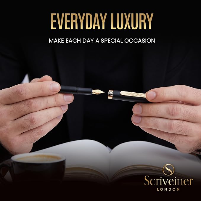 Scriveiner Luxury EDC Fountain Pen (Medium), Stunning Luxury Black Pocket Pen, Real Gold Plating, Schmidt Gilded Nib, Converter, Best Writing Gift Set for Men & Women, Nice Fancy Office Designer Pen