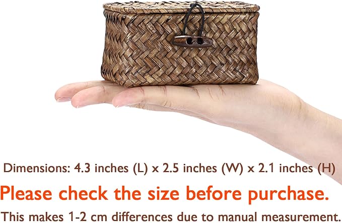 Seagrass Basket Bin with Lid Mini Size Handwoven Wicker Storage Container Storage Basket Decorative Desktop Organizer for Shelf Bathroom Home Decor, 4.3"x2.5"x2.1"