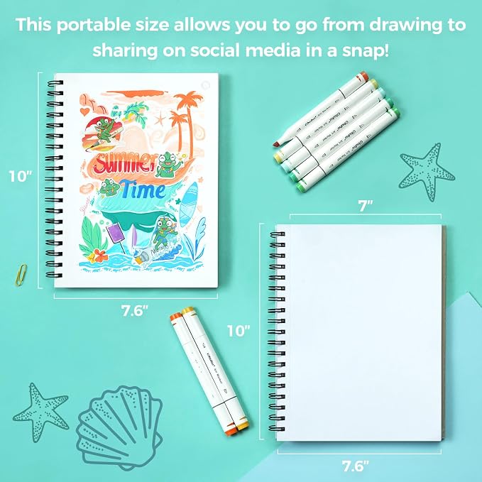 Ohuhu Double-Sided Marker Pad Art Sketchbook Bleedproof - 7"x10" Large Paper Size - 90 LB/150 GSM Smooth Drawing Paper - 60 Sheets/120 Pages - Spiral Bound Sketching Book for Alcohol Markers