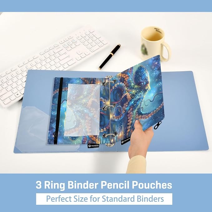 ALAZA Octopus Blue Pencil Pouch for 3 Ring Binder 2 Pack Zipper Binder Pencil Bag Case with Clear Window Office Supplies