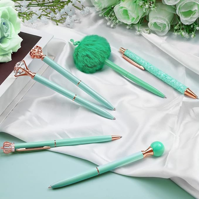 WEMATE 8Pcs Green Pens, Metal Crystal Diamond Pens with Black & Blue Ink | Cute Fancy Pens for Journaling, Office Supplies, Gifts for Women Girls, Birthday & Back to School Supplies