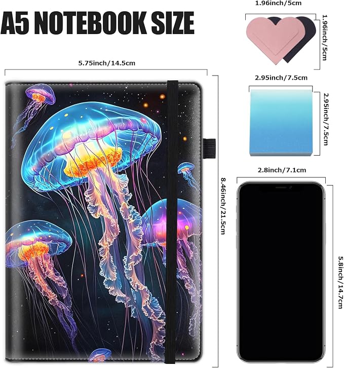 Hardcover Executive Notebooks, A5 PU Leather Lined Journal Notebook, 200 Pages Thick Paper Subject Notebooks for School,Work,Home Writing Business Notebook, Diary Book ，Jellyfish