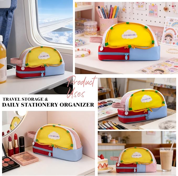 CICIMELON Large Capacity Pencil Case, Cute Aesthetic Pencil Pouch with 3 Compartments, Big Pencil Bag Organizer for School Supplies, Pen Holder for Kids, Girls, Boys, Students