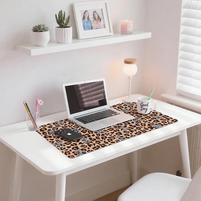 Cherry Leopard Print Leather Desk Mat Extended Gaming Mouse Pad | Non-slip Large Writing Pad Laptop Blotter Computer Keyboard Mat | Cute Brown Desk Protector for Home Office 23.6" x 11.8"