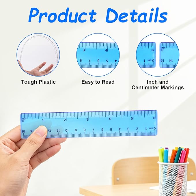 Plastic Clear Ruler Math Set - 6'' 12'' Transparent Straight Ruler, 4'' 6'' Protractor, 30/60 & 45/90 Triangle Ruler,Geometry Math Measuring Tool for School Office Drawing Teachers Kids Supplies Blue