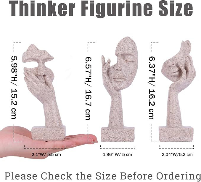 3 Pcs Thinker Statue - Resin Art Abstract Home Accent Figurines for Decor Apartment Bookshelf Floating Shelf Living Room Coffee Table Office Desk Counter Decor (3 Pcs Sandstone, 6")