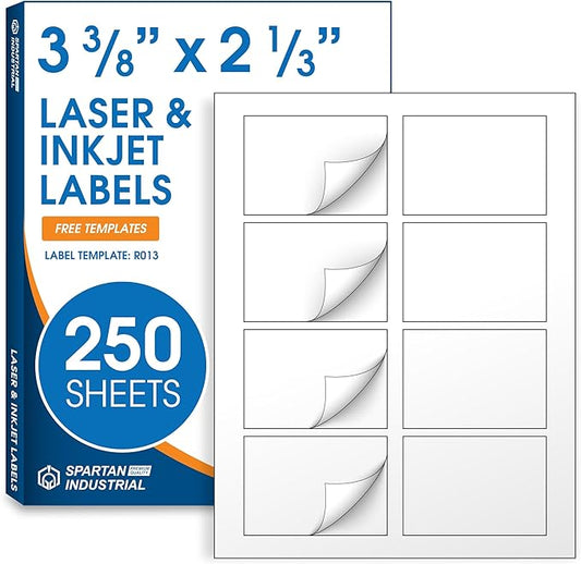 2 1/3" X 3 3/8" Matte White Printable Labels (250 Sheets, 2000 Stickers) Name Tag Stickers, Address and Shipping Labels for Laser & Inkjet Printers - Spartan Industrial Template R013