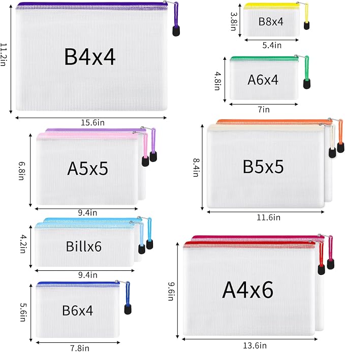 EOOUT 38pcs Mesh Zipper Pouch, Waterproof Zipper Bags, 8 Sizes Plastic Travel Pouch, 12 Colors, Multipurpose for Board Game, Travel Storage, Office Appliances, Home Organize