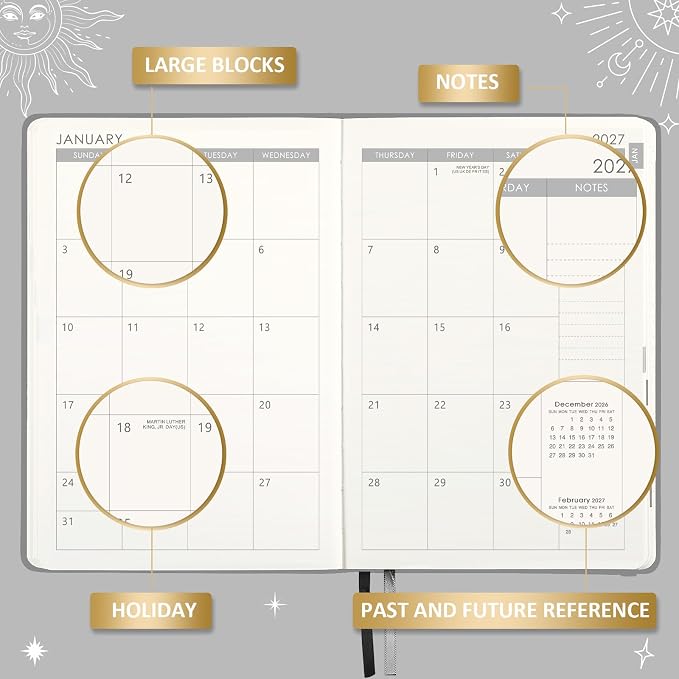 2027 Planner - 2027 Weekly Monthly Planner, January 2027 - December 2027, 5.75" x 8.25", Faux Leather Planner 2027 with Back Pocket & 40 Notes Pages - Mystic Grey