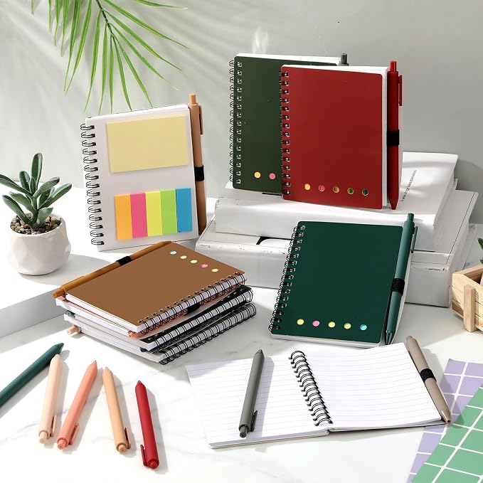 Chuangdi 20 Sets Lined Spiral Notebooks with Sticky Notes and Bamboo Pens, Back-to-school Gifts for Office Teachers Staff, Boho Notebook with Pen Bulk Gift (Morandi)