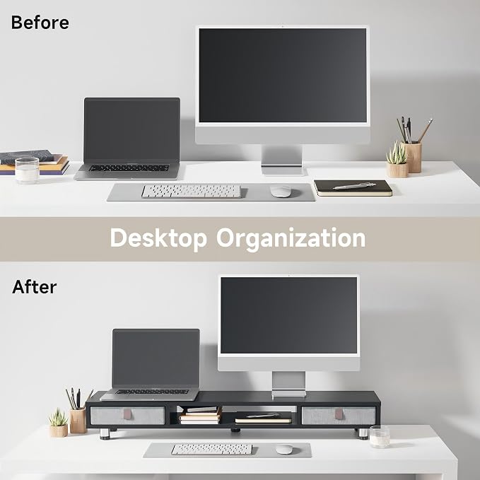 Fenge Dual Monitor Stand, 2-Tier Desk Organizer with Drawers, 42.5in, Black | Monitor Riser with Storage, Ergonomic Height Adjustable Computer Stand, Desk Shelf for Top of Desk, Laptop, PC, TV