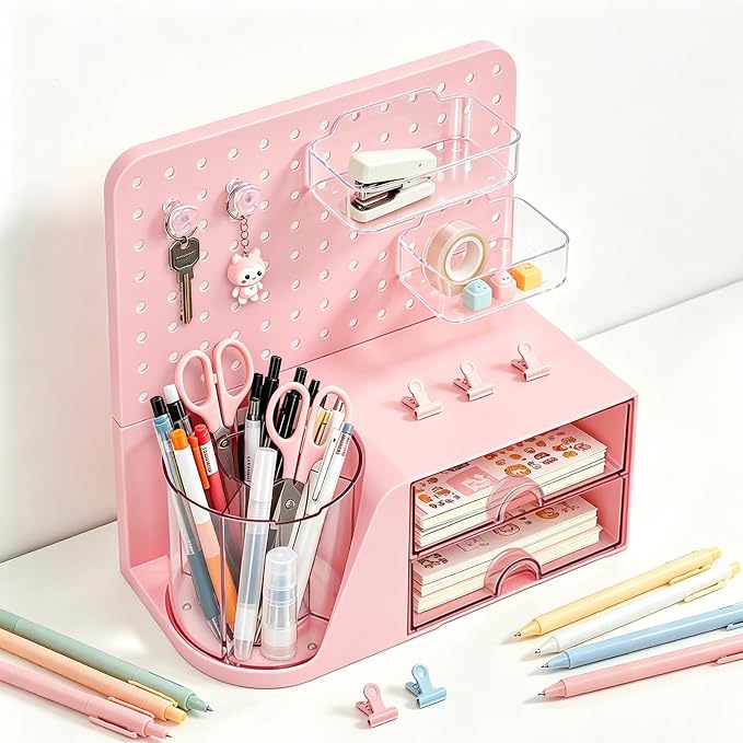 Desk Organizer with 360° Rotating Pen Holder, 5 Slots, 2 Drawers & Pegboard for Office School Art Supplies (Pink)