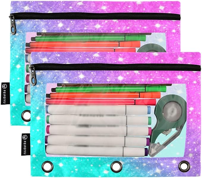 Gredecor 3 Ring Binder Pencil Pouch, Gradient Sparkles Glitter Zippered Pen Case Pouches with Clear Window, 2 Pack Stylish Office & School Supplie