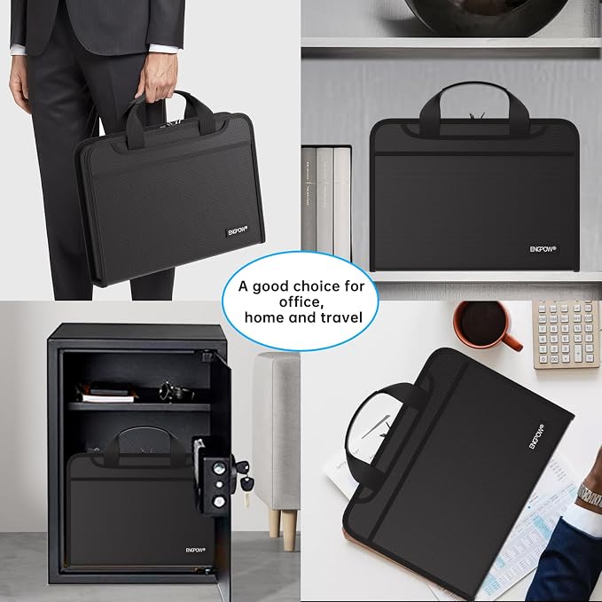 ENGPOW Accordion File Organizer, Fireproof Expanding File Folder with 13 Pockets Document Organizer with Handle & Labels, Portable Home Travel Safe Storage for Letter A4 Files and More, Black