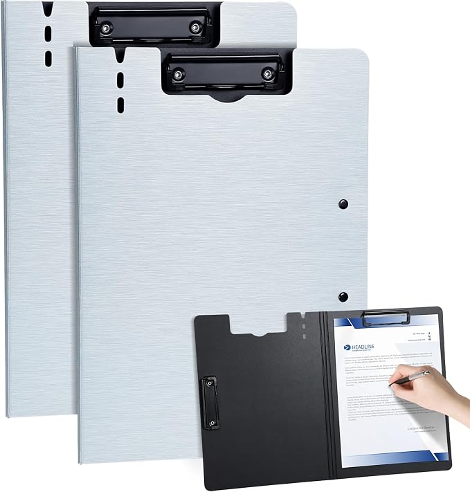 Clipboard Folder, with Dual Metal Clips, Embossed-Texture, Folding 360° Rotating, Nursing Clipboard for Letter and A4, Pen Holder (Silver, 2)