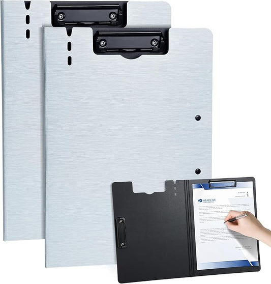 Clipboard Folder, with Dual Metal Clips, Embossed-Texture, Folding 360° Rotating, Nursing Clipboard for Letter and A4, Pen Holder (Silver, 2)