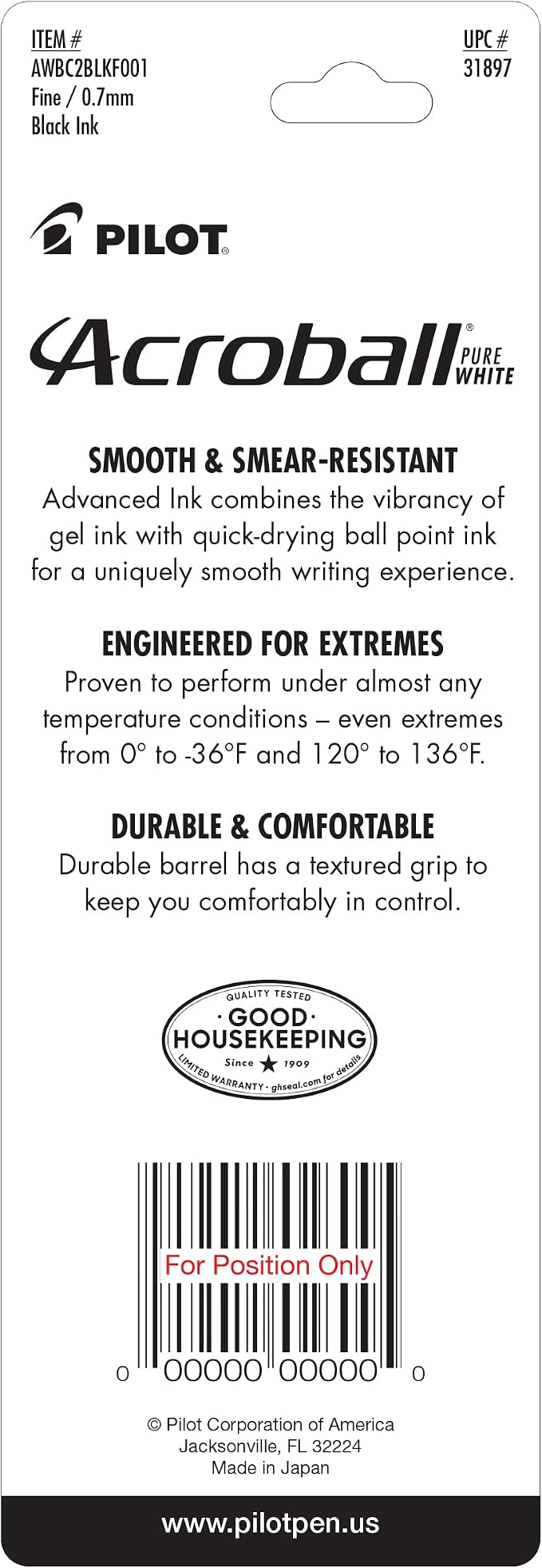 PILOT Acroball PureWhite Advanced Ink Refillable & Retractable Ball Point Pens with Silver Accents, Fine Point, Black Ink