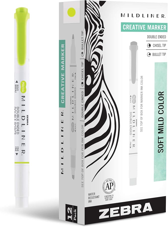 Zebra Pen MILDLINER No Bleed Highlighter, Citrus Green, Dual Tip, 12-Pack | Broad and Fine Point Tip Marker Set, Ideal for Bible Highlighting, Journaling, Office, School and Teacher Supplies (78450upc)