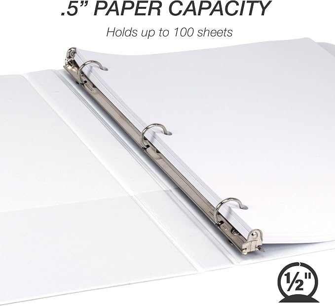Samsill 0.5 Inch 3 Ring Binder, Made in USA, Economy Round Ring, Clear View Cover, 100 Sheet Capacity - for School, Home, Office - Pearl White